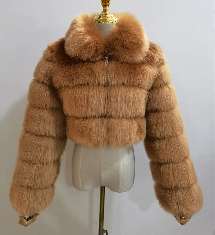 Faux Fur Women's Short Jacket with Lapel and Long Sleeves