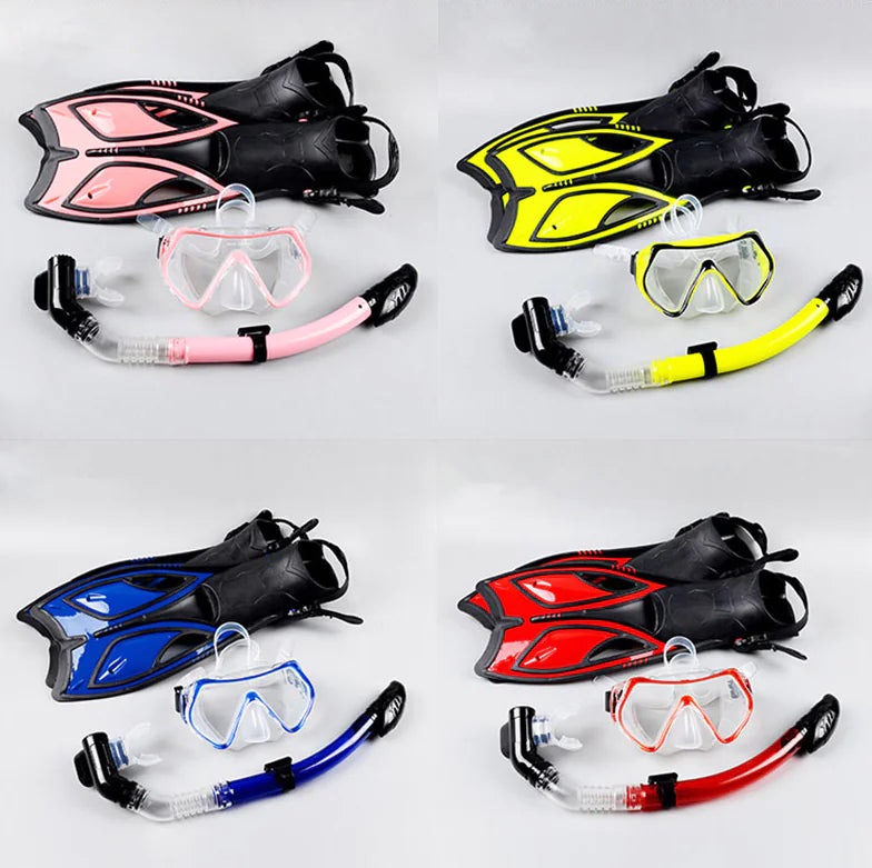 Snorkeling Gear Set: Dry Snorkel, Silicone Mask, Fins