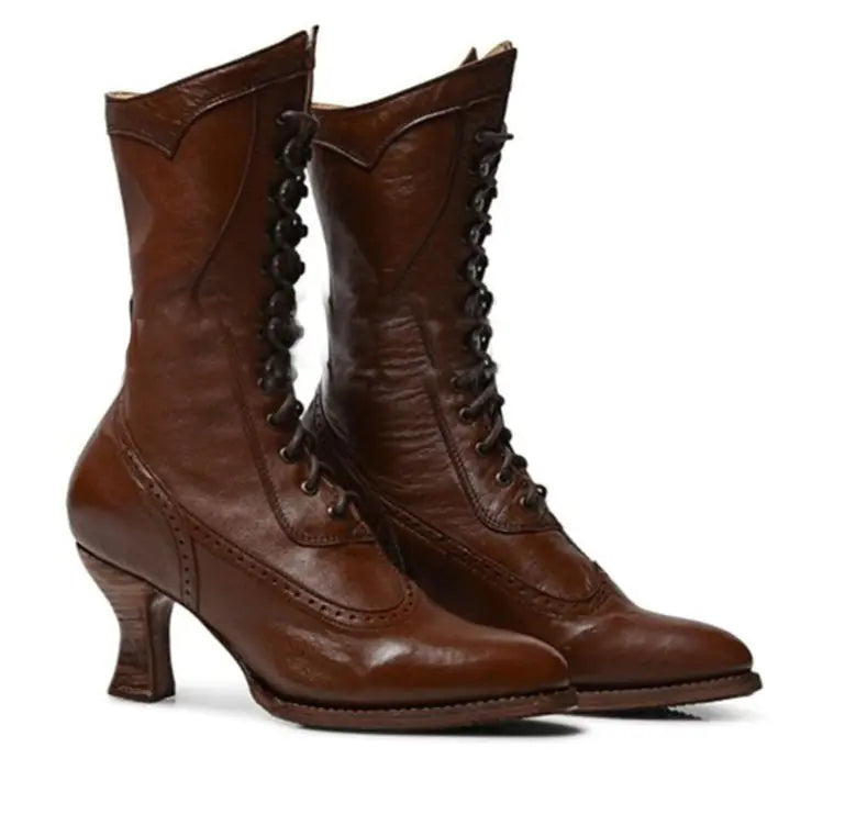 British Style Mid-Heel Women's Lace-Up Ankle Boots