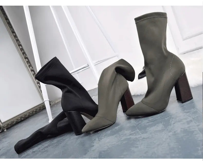 2019 Women's Pointed Toe Knit Ankle Boots with Heels
