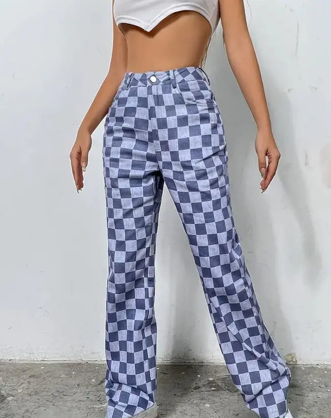 Colorblock Plaid High Waist Wide Leg Denim Jeans