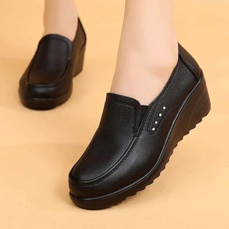 Women's Soft Leather Mid Heel Wedge Pumps and Loafers