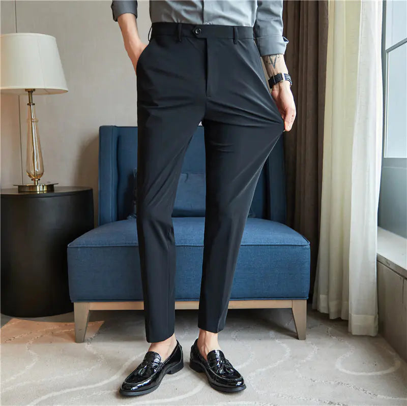 Men's Business Casual Nylon Stretch Pants with Fine Grain