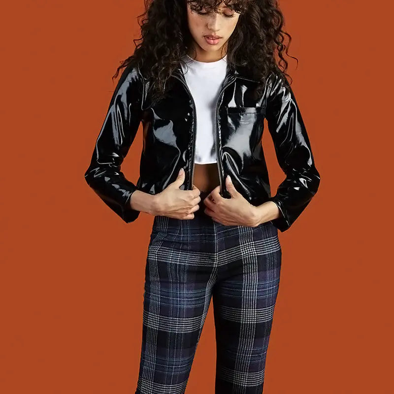 Retro Short Black Patent Leather Jacket for Women