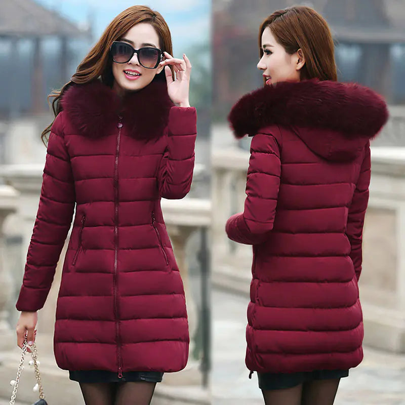 Women's Long Thick Down Jacket with Fur Collar