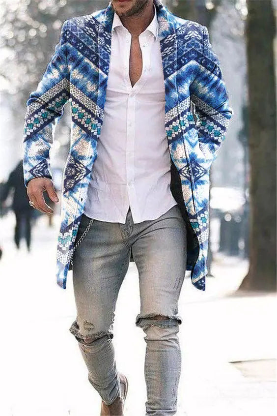 Men's Woolen Mid-length Trench Coat with Stand Collar