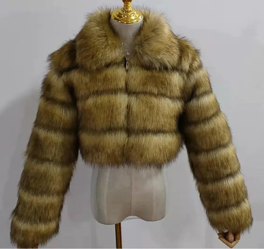 Faux Fur Women's Short Jacket with Lapel and Long Sleeves