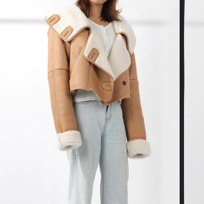 Faux Fur Lined Short Leather Jacket for Women