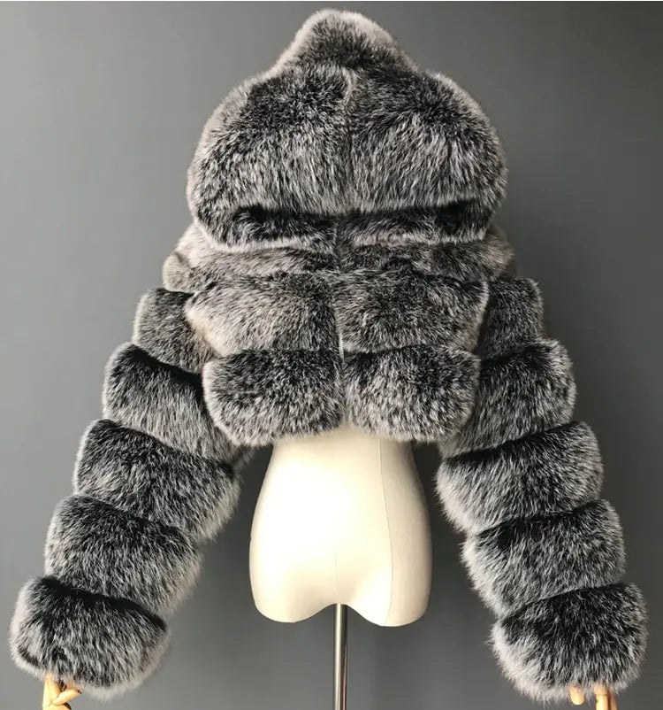 Short Hooded Faux Fur Jacket for Women