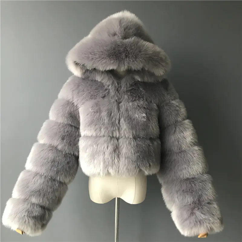 Short Hooded Faux Fur Jacket for Women