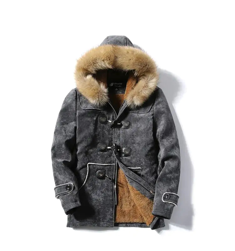 Men's Velvet Leather Coat with Furry Collar and Horn Buckle