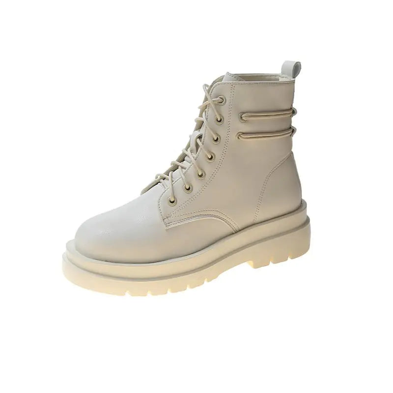 Women's White Martin Boots - British Style Thick Heel