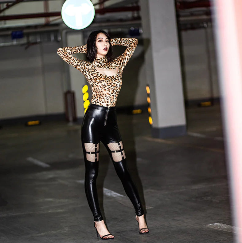 High Elasticity PU Leather Pants with Mesh Straps for Women