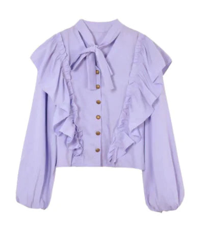 Vintage Ruffled Blouse with Bow Tie Collar for Women