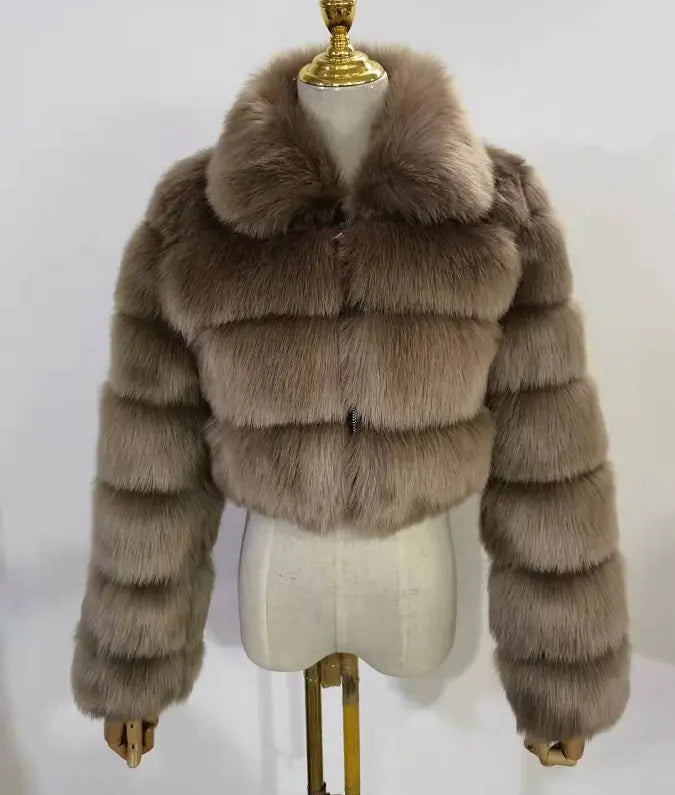 Faux Fur Women's Short Jacket with Lapel and Long Sleeves