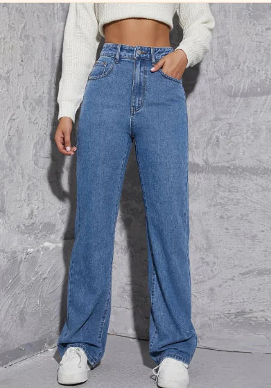 High Waist Loose Blue Denim Straight Leg Pants