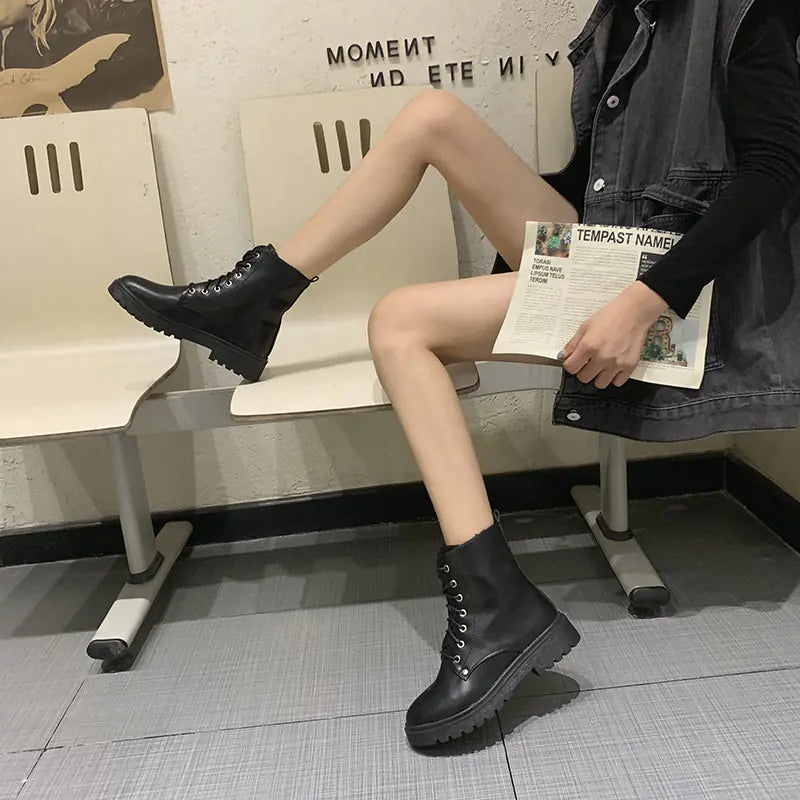 Women's Martin Boots - Flat Short Chunky Heel (UK Style)