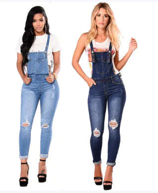 Ripped Denim Suspender Pencil Pants for Women