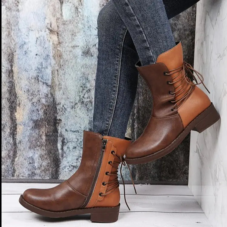 Botas de tacón grueso con remaches y cordones estilo retro para mujer