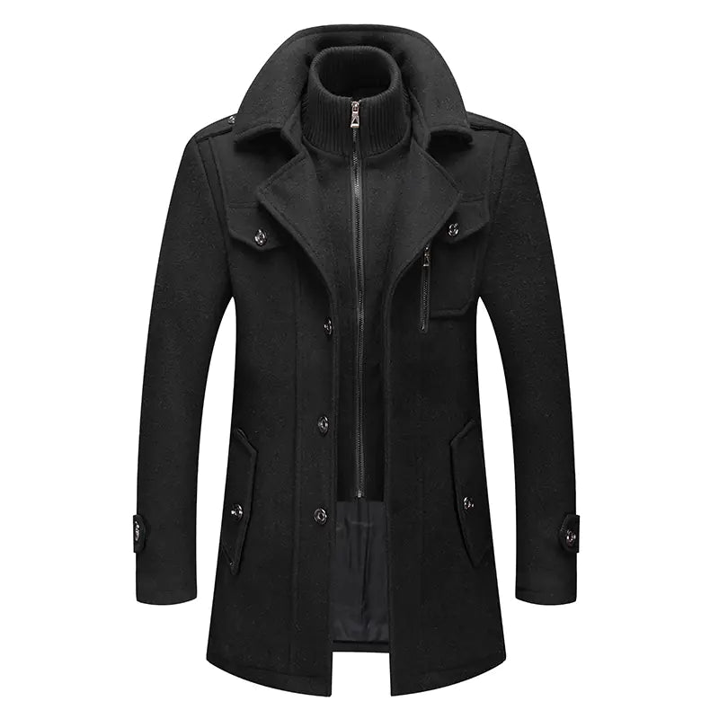 Men's Woolen Coat - Double Collar Mid-Length Jacket