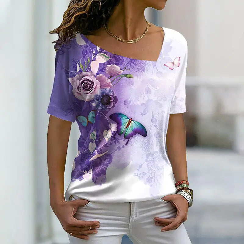 2023 Women's Casual 3D Floral Print Short Sleeve T-Shirt