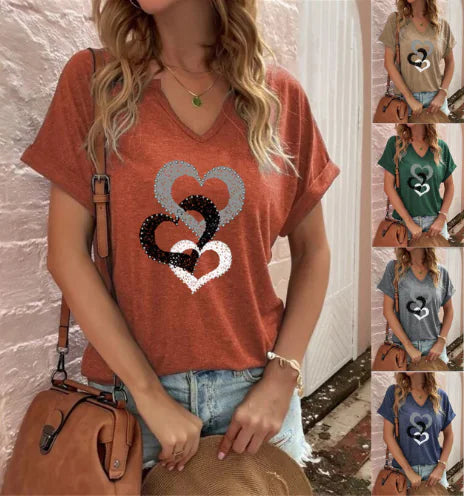 Women's Loose V-Neck Love Print Short Sleeve T-Shirt