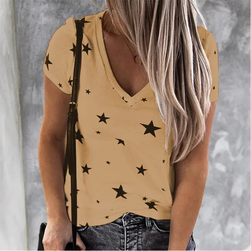 V-neck Digital Printed Star Women's Short Sleeve T-shirt