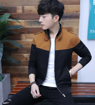 Men's Color Block Jacket - Casual Stand Collar Coat