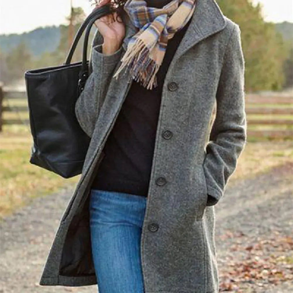 Medium Length Solid Color Woolen Coat for Women