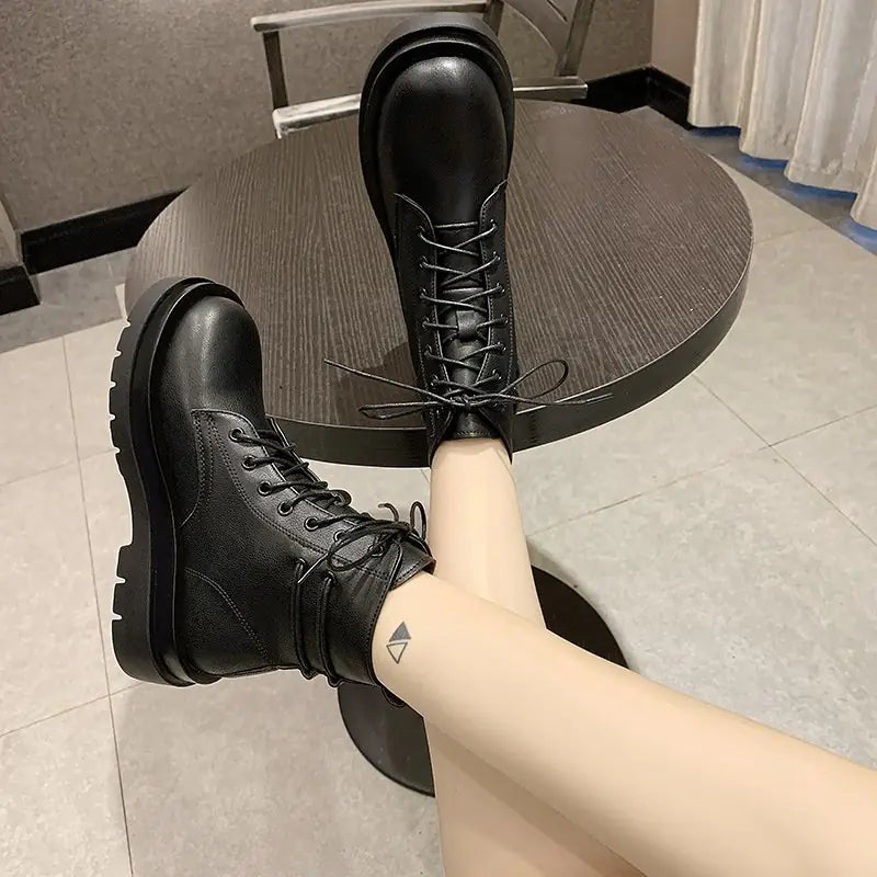 Women's White Martin Boots - British Style Thick Heel