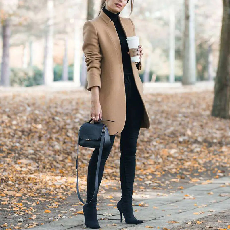 Solid Color Wool Blend Stand Collar Coat