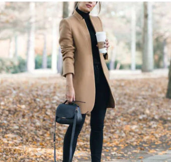 Solid Color Wool Blend Stand Collar Coat