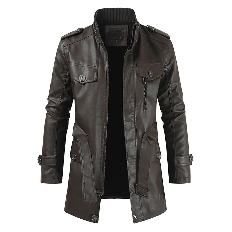 Men's Plus Velvet Casual Stand Collar Leather Coat