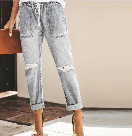 Women's Ripped Distressed Straight Leg Denim Pants
