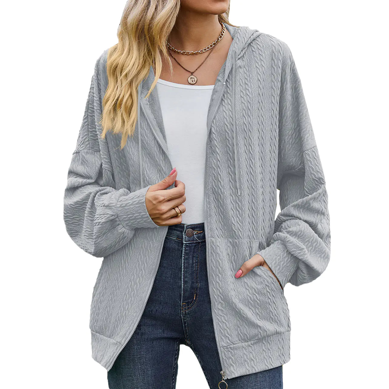 Women's Solid Color V-neck Zipper Sweater Coat