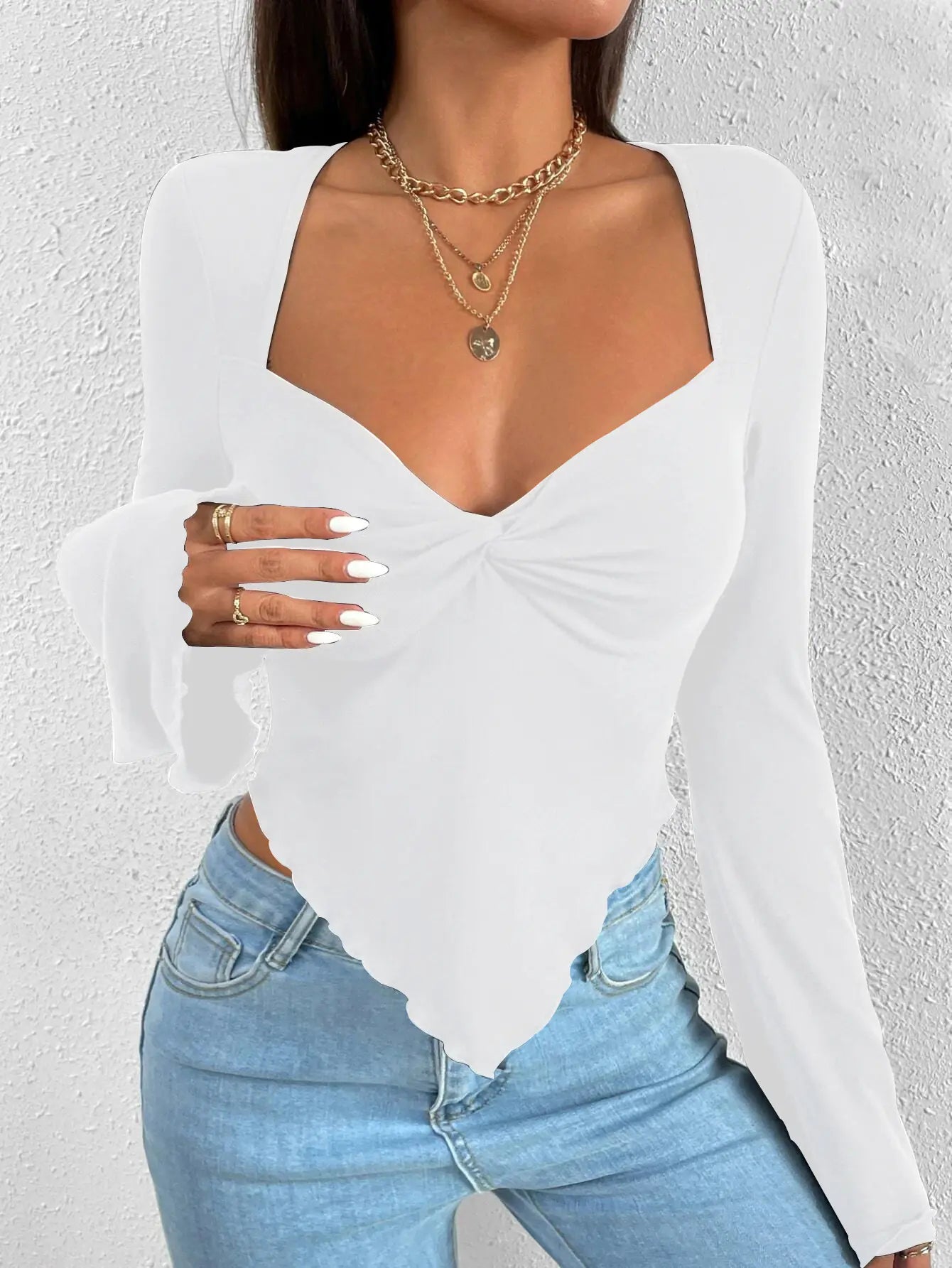 Irregular Knitted V-neck Long-sleeve Women's T-shirt