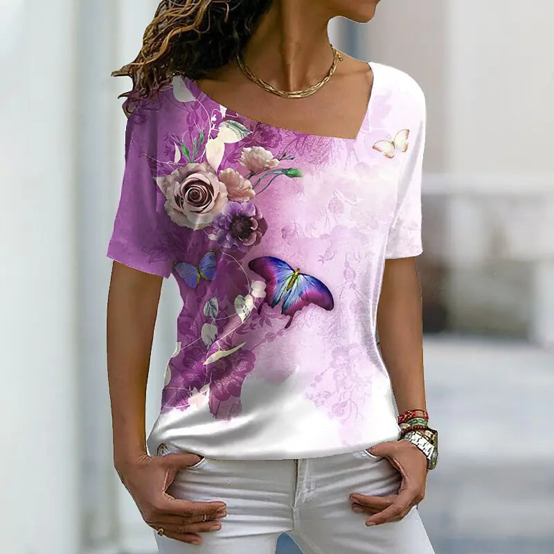 2023 Women's Casual 3D Floral Print Short Sleeve T-Shirt