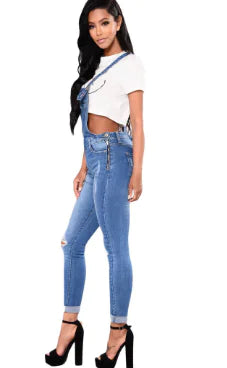 Ripped Denim Suspender Pencil Pants for Women