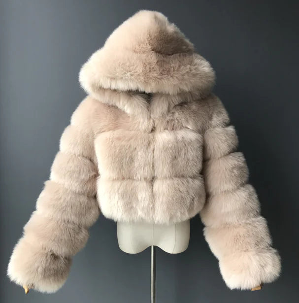 Short Hooded Faux Fur Jacket for Women