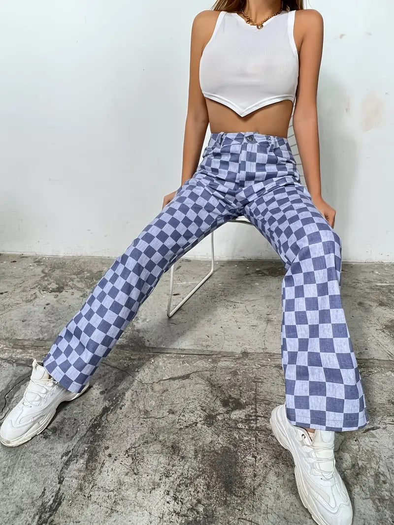Colorblock Plaid High Waist Wide Leg Denim Jeans