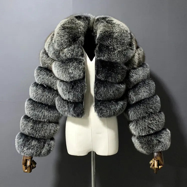 Faux Fur Women's Short Jacket with Lapel and Long Sleeves
