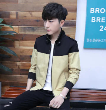 Men's Color Block Jacket - Casual Stand Collar Coat