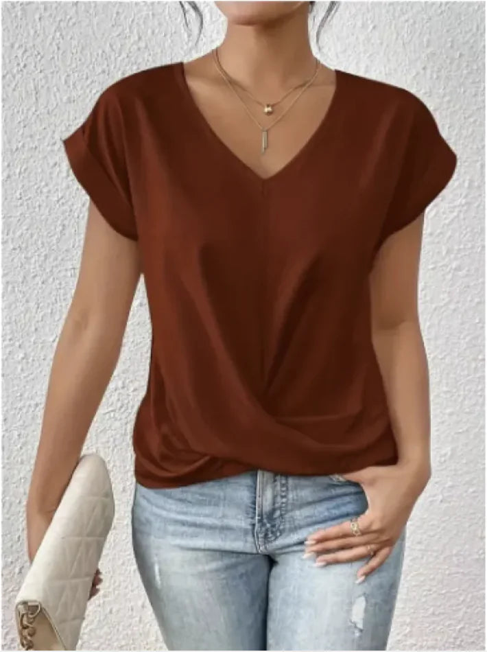 Damen V-Ausschnitt unregelmäßig geknotetes Kurzarm-T-Shirt