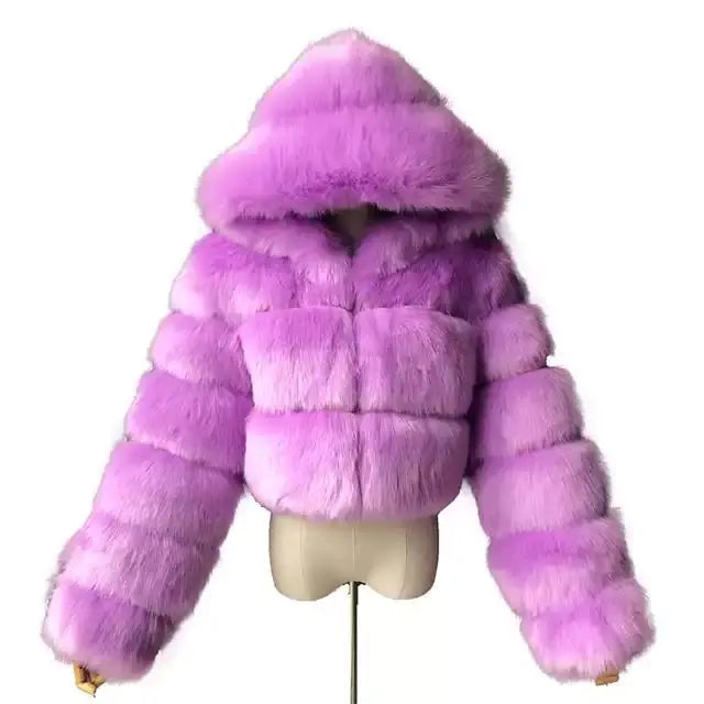 Short Hooded Faux Fur Jacket for Women