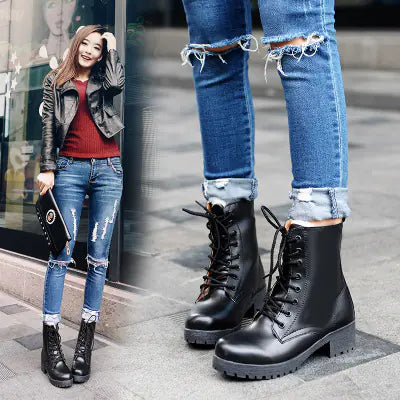 New Women's Genuine Leather Chunky Heel Ankle Boots