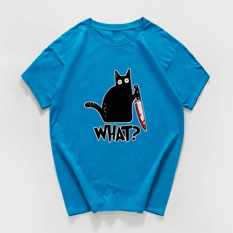 Funny Cat Knife Graphic T-Shirt for Students (Cotton)