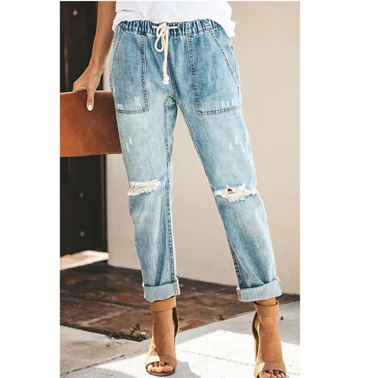 Women's Ripped Distressed Straight Leg Denim Pants
