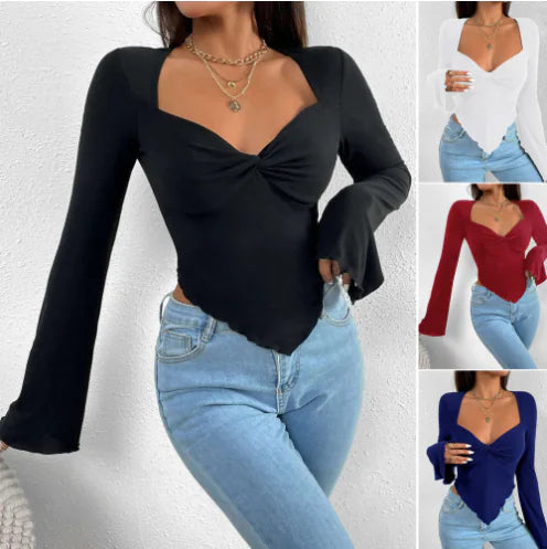 Irregular Knitted V-neck Long-sleeve Women's T-shirt