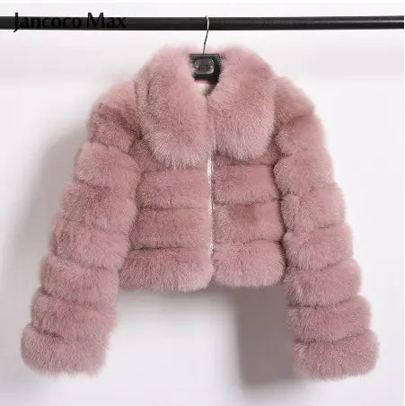 Faux Fur Women's Short Jacket with Lapel and Long Sleeves