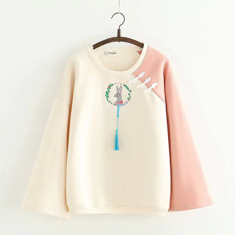 Japanese Cartoon Rabbit Embroidery Velvet Sweater